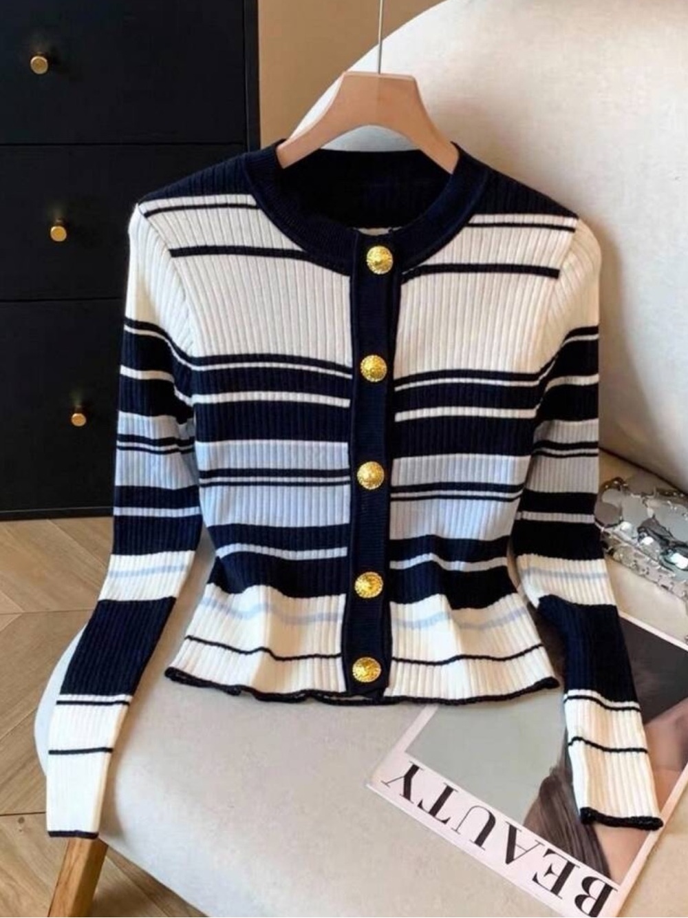 Women's Striped Ribbed Knit Cardigan, Crew Neck Long Sleeve Button